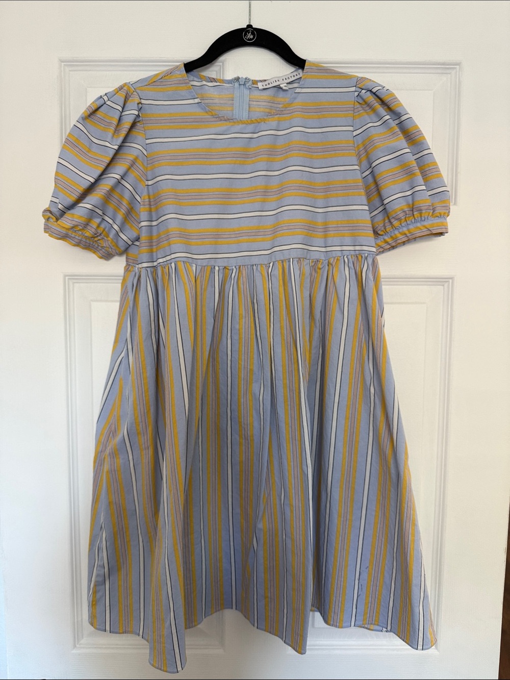 English Factory Striped Puff Sleeve Dress - Yellow & Light Blue